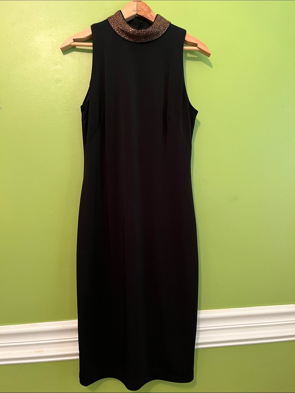 Bronze Bugle Bead Embellished Black Sheath Dress